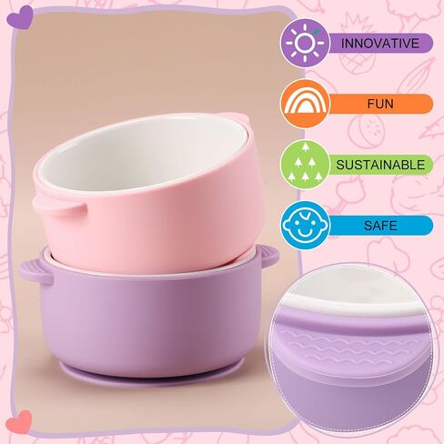 Domensi 2 Sets Kids Porcelain Bowls with Silicone Suction Sleeves Toddler Suction Bowls Baby Bowl Microwave Dishwasher Safe Cereal Soup Snack Dishes for Children Food Feeding Supplies (Pink Purple) in Saudi Arabia
