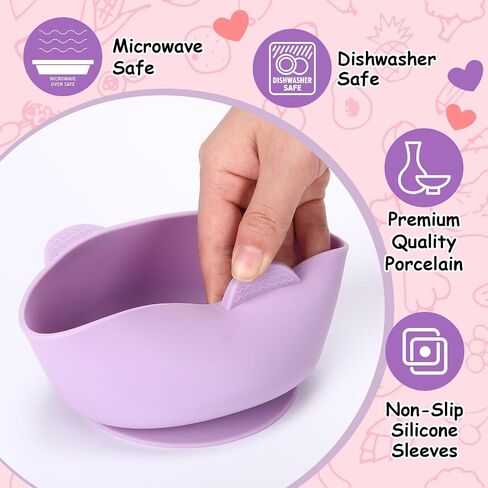 Domensi 2 Sets Kids Porcelain Bowls with Silicone Suction Sleeves Toddler Suction Bowls Baby Bowl Microwave Dishwasher Safe Cereal Soup Snack Dishes for Children Food Feeding Supplies (Pink Purple) in Saudi Arabia