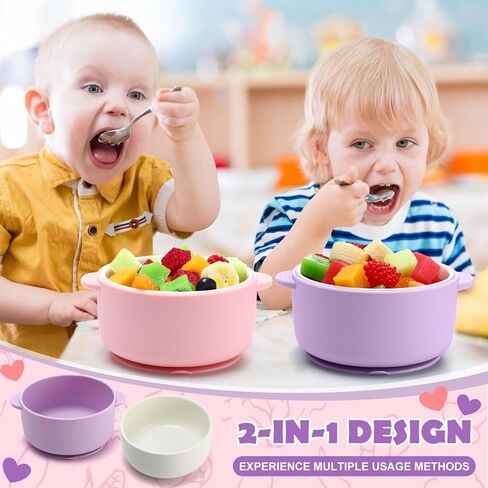 Domensi 2 Sets Kids Porcelain Bowls with Silicone Suction Sleeves Toddler Suction Bowls Baby Bowl Microwave Dishwasher Safe Cereal Soup Snack Dishes for Children Food Feeding Supplies (Pink Purple) in Saudi Arabia