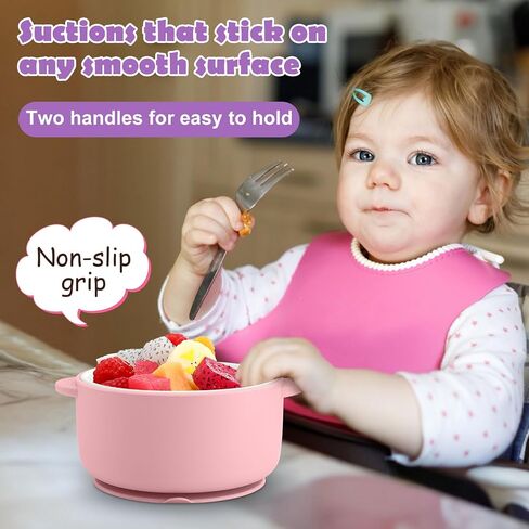 Domensi 2 Sets Kids Porcelain Bowls with Silicone Suction Sleeves Toddler Suction Bowls Baby Bowl Microwave Dishwasher Safe Cereal Soup Snack Dishes for Children Food Feeding Supplies (Pink Purple) in Saudi Arabia