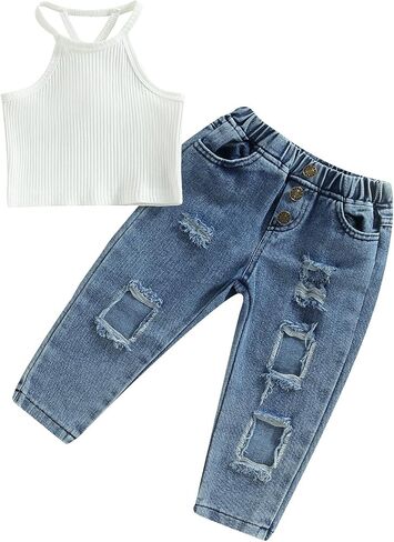 Madjtlqy Baby Girl Clothes Toddler Summer Outfits Tassel Camisole and Denim Pants Jeans 6 12 18 24 Months 2t 3t in Kuwait