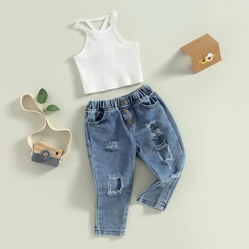 Madjtlqy Baby Girl Clothes Toddler Summer Outfits Tassel Camisole and Denim Pants Jeans 6 12 18 24 Months 2t 3t in Kuwait