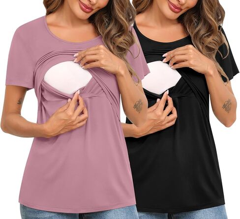 SWOMOG Women's 2 Pack Nursing Tops Short Sleeve Nursing Shirts Double Layer Maternity Tops Soft Comfort for Breastfeeding in Saudi Arabia