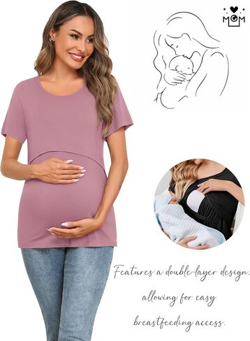 SWOMOG Women's 2 Pack Nursing Tops Short Sleeve Nursing Shirts Double Layer Maternity Tops Soft Comfort for Breastfeeding in Saudi Arabia