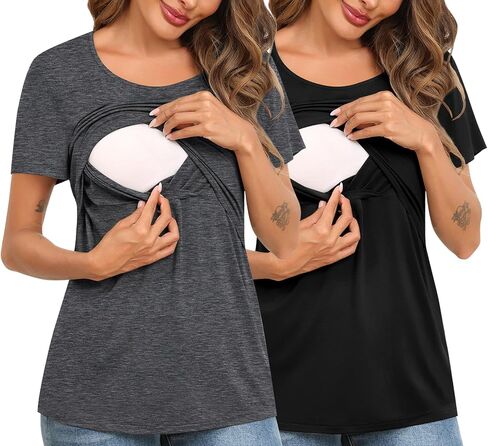 SWOMOG Women's 2 Pack Nursing Tops Short Sleeve Nursing Shirts Double Layer Maternity Tops Soft Comfort for Breastfeeding in Saudi Arabia