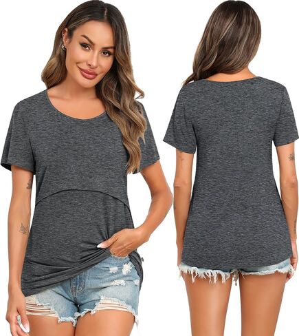 SWOMOG Women's 2 Pack Nursing Tops Short Sleeve Nursing Shirts Double Layer Maternity Tops Soft Comfort for Breastfeeding in Saudi Arabia