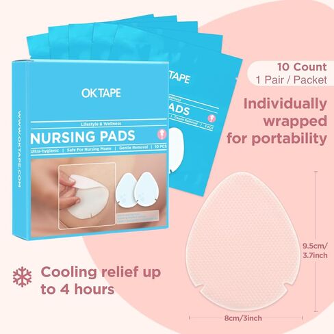 OK TAPE Hydrogel Nursing Pads, 10 Pcs, Cooling Pain Relief for Sore Nipples, Postpartum Gel Pads, Safe for Breastfeeding in Saudi Arabia