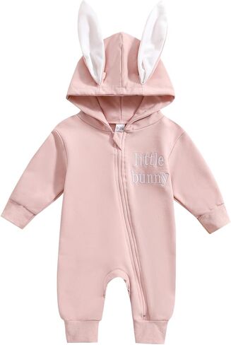 Newborn Baby Boy Easter Romper Solid Color Bunny Ears Hooded Zipper Jumpsuit My First Easter Outfit in Kuwait