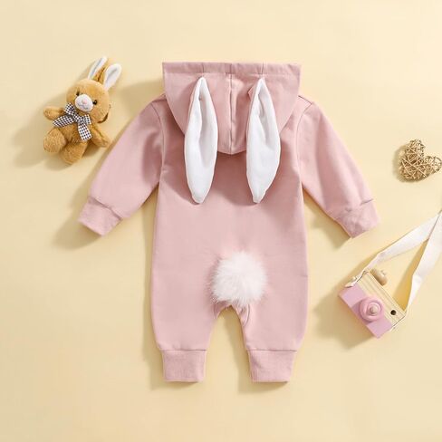 Newborn Baby Boy Easter Romper Solid Color Bunny Ears Hooded Zipper Jumpsuit My First Easter Outfit in Kuwait