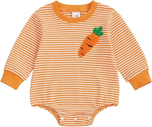 Baby Boy Girl Easter Outfit Sweatshirt Romper Striped Carrot/Bunny Long Sleeve Bubble Romper Waffle Knit Bodysuit in Kuwait