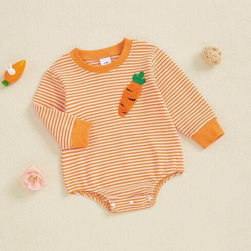 Baby Boy Girl Easter Outfit Sweatshirt Romper Striped Carrot/Bunny Long Sleeve Bubble Romper Waffle Knit Bodysuit in Kuwait