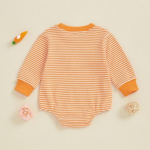 Baby Boy Girl Easter Outfit Sweatshirt Romper Striped Carrot/Bunny Long Sleeve Bubble Romper Waffle Knit Bodysuit in Kuwait