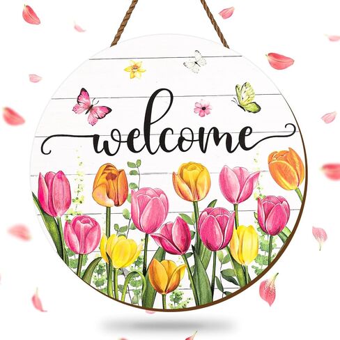 Summer Flower Welcome Door Sign Tulip Wooden Hanging Sign Floral Butterfly Door Hanger Sign for Spring Summer Holiday Indoor Outdoor Farmhouse Home Porch Window Decor in Saudi Arabia