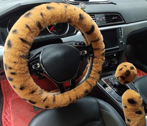Winter Warm Fluffy Furry Fuzzy Car Steering Wheel Cover,Universal Fit Thickening Faux Rabbit Fur Plush Steering Covers+Gear Shift Cover and+Brake cover-3pcs Set (Black) in Saudi Arabia
