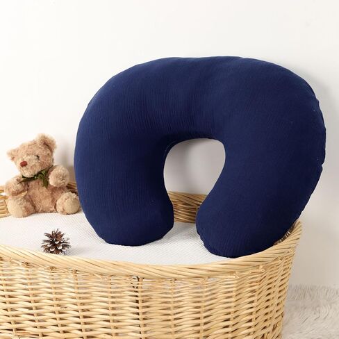 Muslin Nursing Pillow Cover, Cotton Breastfeeding Pillow Cover for Baby Girls Boys, Soft Breathable Nursing Pillowcase for Infant Newborn, Removable Slipcover for Nursing Pillows, Navy(Only Cover) in Kuwait