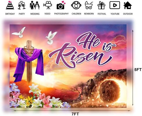 Ltlyh 7x5ft Easter Backdrop Backdrop He is Risen Banner Background Areprection Background for عيد الفصح الاحتفال بالاحتفال بافتات صور لافتة للمنزل 261 in Kuwait