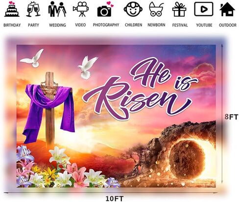 Ltlyh 7x5ft Easter Backdrop Backdrop He is Risen Banner Background Areprection Background for عيد الفصح الاحتفال بالاحتفال بافتات صور لافتة للمنزل 261 in Kuwait