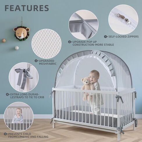 Lazyzzz Pop-Up Baby Crib Tent with Double Zipper Lock, 55.2"x27.6"x51.6" Breathable Mesh Canopy Net to Avoid Climbing Out - Portable, Easy Install for Safe Sleep (Grey) in Kuwait