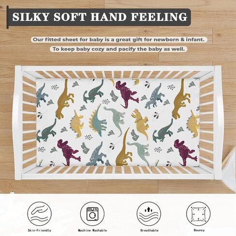 Dino Dinosaurs Fitted Crib Sheet for Boys Girls Cute Dinosaur Animal Print Baby Sheet for Standard Crib and Toddler Colorful Nursery Bed Mattress Sheets 28"x52" in Kuwait