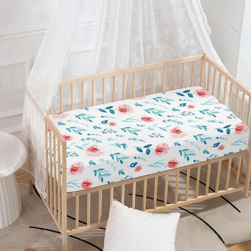 Red Floral Fitted Crib Sheet Nautical Style Baby Crib Sheet Fit Standard Crib and Toddler Mattress,Crib Mattress Sheets for Boys Girls 28"x52" in Saudi Arabia