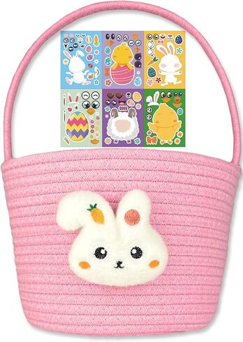 Cute Pink Easter Bunny Basket for Kids, Baby Small Egg Basket, Toddler Mini Woven Cotton Rope Bag, Gift Baskets Empty with Personalized Sticker for Storage, Decoration & Egg Hunting! in Saudi Arabia