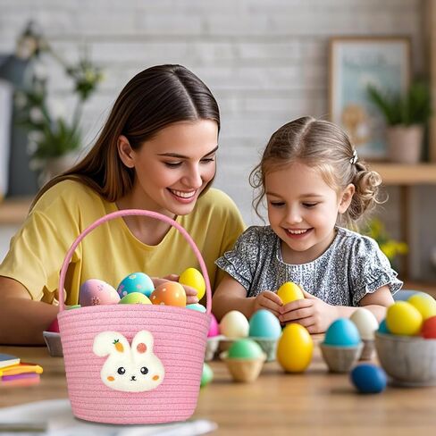 Cute Pink Easter Bunny Basket for Kids, Baby Small Egg Basket, Toddler Mini Woven Cotton Rope Bag, Gift Baskets Empty with Personalized Sticker for Storage, Decoration & Egg Hunting! in Saudi Arabia