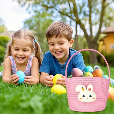 Cute Pink Easter Bunny Basket for Kids, Baby Small Egg Basket, Toddler Mini Woven Cotton Rope Bag, Gift Baskets Empty with Personalized Sticker for Storage, Decoration & Egg Hunting! in Saudi Arabia