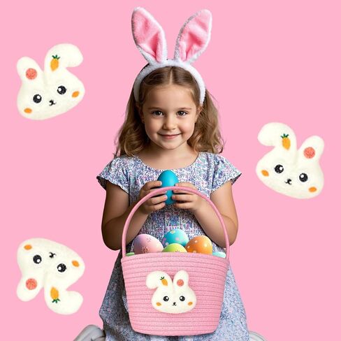 Cute Pink Easter Bunny Basket for Kids, Baby Small Egg Basket, Toddler Mini Woven Cotton Rope Bag, Gift Baskets Empty with Personalized Sticker for Storage, Decoration & Egg Hunting! in Saudi Arabia