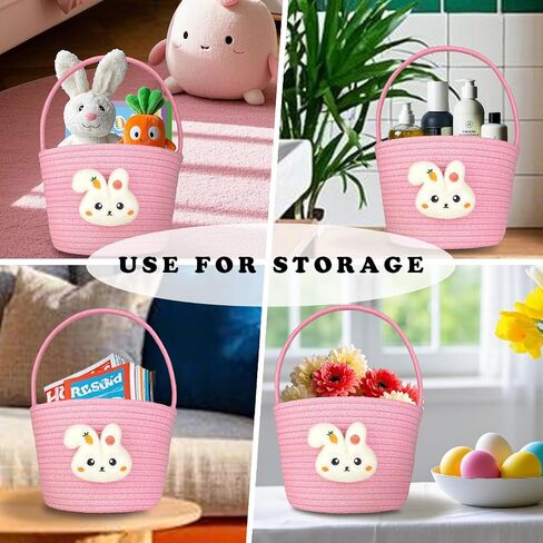 Cute Pink Easter Bunny Basket for Kids, Baby Small Egg Basket, Toddler Mini Woven Cotton Rope Bag, Gift Baskets Empty with Personalized Sticker for Storage, Decoration & Egg Hunting! in Saudi Arabia