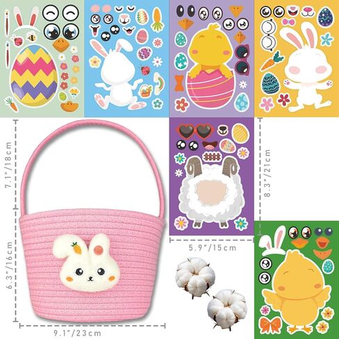 Cute Pink Easter Bunny Basket for Kids, Baby Small Egg Basket, Toddler Mini Woven Cotton Rope Bag, Gift Baskets Empty with Personalized Sticker for Storage, Decoration & Egg Hunting! in Saudi Arabia
