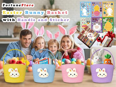 Cute Pink Easter Bunny Basket for Kids, Baby Small Egg Basket, Toddler Mini Woven Cotton Rope Bag, Gift Baskets Empty with Personalized Sticker for Storage, Decoration & Egg Hunting! in Saudi Arabia