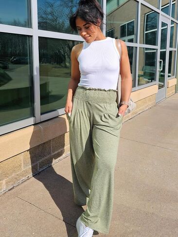 سراويل GEMLON النسائية عالية الخصر، سراويل Palazzo واسعة الساق وطويلة، سراويل كاجوال مع جيب in Kuwait