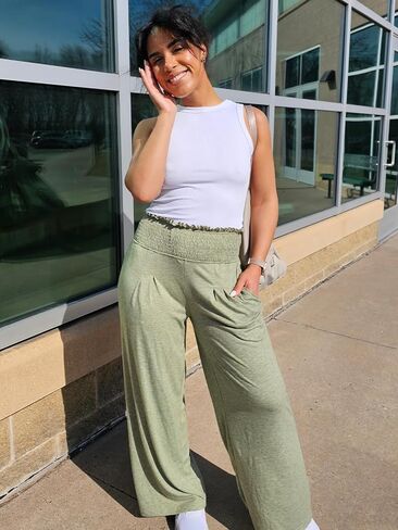 سراويل GEMLON النسائية عالية الخصر، سراويل Palazzo واسعة الساق وطويلة، سراويل كاجوال مع جيب in Kuwait