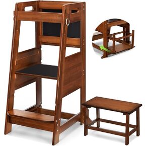 TOETOL Bamboo Toddler Step Stool White Kitchen Counter Learning Helper Standing Tower Ktchen Stool for Toddler 3 Height Adjustable with Chalkboard Message Boards, Small Step Stool, Non-Slip Mat