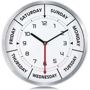 Lafocuse Silent Non Ticking Day of The Week Wall Clock Widened Metal Frame,Silver Retirement Clock for Seniors,12 Inch Kitchen Day Clocks for Living Room Office Bedroom-No Second Hand-Version 2.0