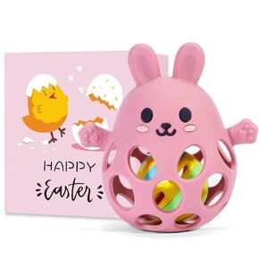 Easter Baby Teething Toys Easter Basket Stuffers for Babies Bunny Infant Rattle Teether Toy Easter Gift Teething Pain Relief for Newborns Babies Boys Girls (Rose Pink)