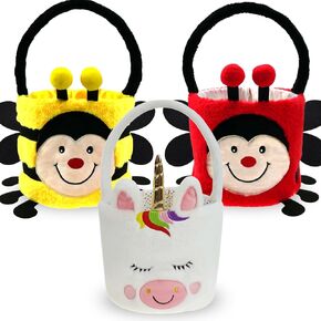 Dia 7.9" * H 15.7" Set of 3pcs, Adorable Plush Bunny Bucket &Chick Bucket&Unicorn Bag,Large Capacity Cute Easter Egg Hunting Baskets for Party Supplies Candy Gifts Storage