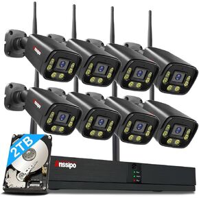 5MP 8CH Wireless Security Camera System, 8pcs 5MP WiFi Cameras with 2-Way Audio/Motion Detection/Colour Night Vision, H.265+ Video Compression, Metal Housing, IP67 Waterproof, 2TB HDD