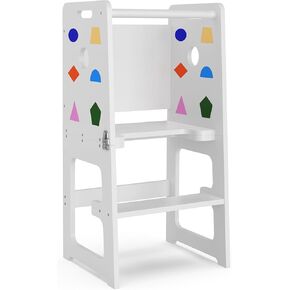 Toddler Kitchen Stool, JimberBay Kids Standing Tower with Adjustable Height, Anti-Slip Protection, Safety Rail, Montessori Step Stool with Chalkboard and Block, Ideal for Learning and Play, White