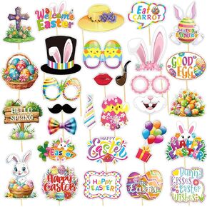 30 Pcs Easter Photo Booth Props for Photoshoot, happy Easter Photo Props Egg Bunny Selfie Photobooth Props, Spring Photography for Easter Party Decorations