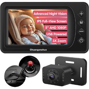 Baby Car Camera with Advanced Crystal-Clear Night Vision, 3X Zoom, USB Powered, 5'' AHD 1080P IPS Full View Car Baby Monitor, Backseat Camera for Kids Infants Rear Facing Mirror, 5inch Black