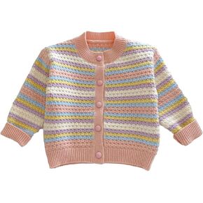 Baby Girl Striped Knitted Round Neck Button Down Rainbow Spring Fall Cardigan