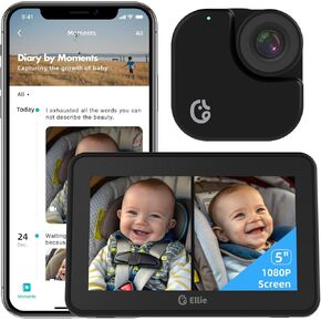 Ellie Baby Car Monitor, 2K UHD Backseat Camera with AI Face Tracking, Dual Screen Display for 2 Kids, Smart Video Capture & App Control, Offline Privacy Protection (Black)