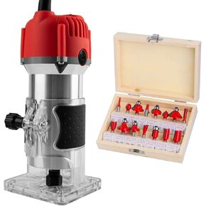 Compact Palm Router Tool for Woodworking Electric Wood Trimmer Wood Laminate Routers with 15 PCS 1/4" Router Bits Set Edge Guide Roller Guide(110V 800W 30000RPM)