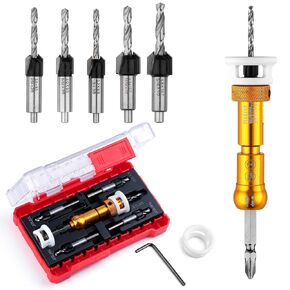 Countersink Drill Bits Set with Depth Stop (1/8", 9/64", 5/32",3/8",1/2"), Quick Change Hex Shank Countersink Drill with Phillips Bit for Wood, Plastic, Woodworking