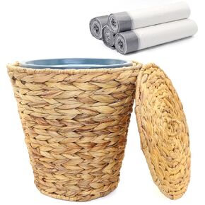 4 Gallons Wicker Waste Basket Can with Lid & Liner, Handwoven Wastebasket Wastepaper Basket with 60Pcs Bag, Wicker Trash Garbage Rubbish Can Bin Basket for Bedroom Bathroom Office Kitchen