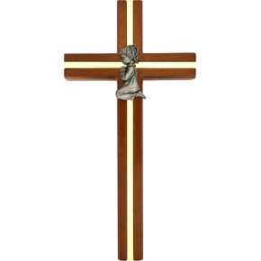 Wall Cross with Kneeling Child | Gold-Tone Accent set in Wood with Pewter Boy or Girl | Great Catholic Gift for Baptism | Christian Home Décor for Nursery or Bedroom (Girl)