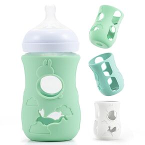 Li & Zhao Silicone Sleeve for Glass Bottle - 3 PCS Rabbit Silicone Bottle Sleeve Bibs Bottle Sleeve Natural Baby Bottle Cover for Philips 8 oz Avent Glass Bottle