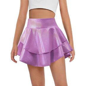 Haloumoning Girls Metallic Skater Skort Kids High Waisted Shiny Dance Scooter Skirt 4-14 Years