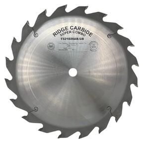 Ridge Carbide 10" 20T Super Combination Table Saw Blade, Alternate Raker Grind (4+1),+20° Hook, 5/8" Bore, Plate Thickness 0.094", Full Kerf (0.125") Super Combination Blade for Cutting Wood